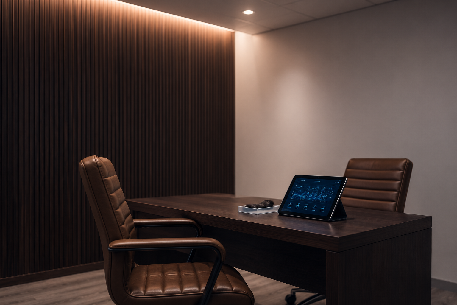 Private intake room at Reboot U with a tablet showing scan results on a wood desk.