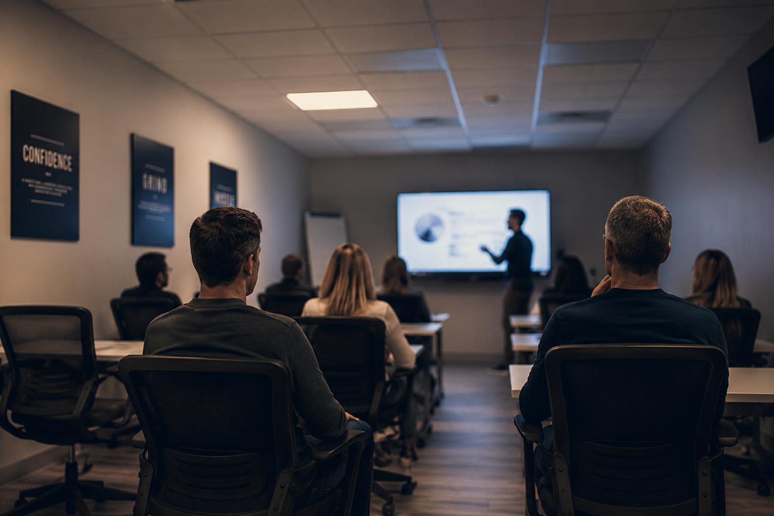 Small group seated in a warmly lit room watching a presenter at a screen.