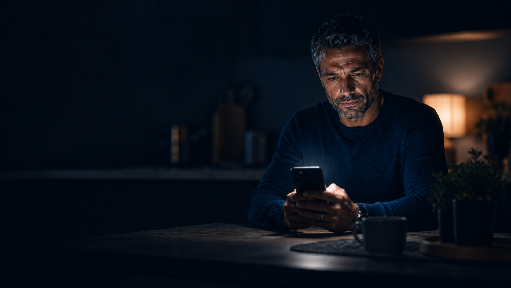 Man checking his phone in a dimly lit kitchen, considering his next step.